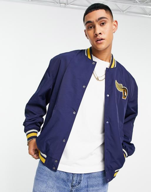 ASOS DESIGN denim varsity jacket in blue and white