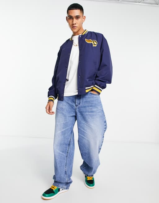 ASOS DESIGN nylon varsity jacket in navy and mustard | ASOS