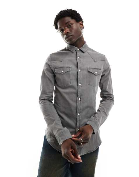 ASOS DESIGN – Obcisła jeansowa koszula w stylu kowbojskim w kolorze spranej czerni - view 1