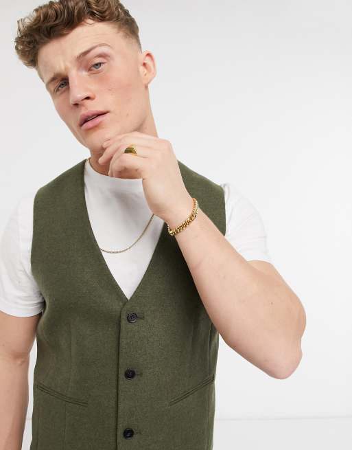 ASOS DESIGN – Obcisła kamizelka garniturowa z diagonalu z mieszanki wełny w kolorze khaki