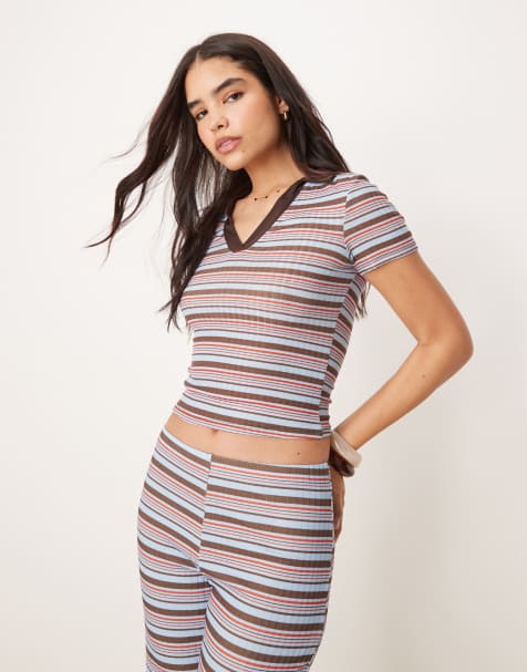 ASOS DESIGN shrunken rugby collar polo top co-ord in blue and brown stripe