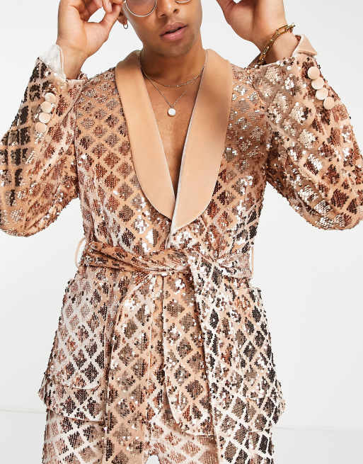 ASOS DESIGN – Obcisła smokingowa marynarka ze zdobieniami z cekinów w romby w kolorze szampana