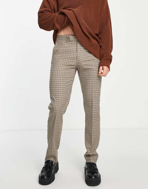 ASOS DESIGN – Obcisłe eleganckie spodnie w drobną kratę w kolorze brązowym