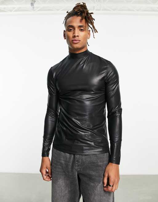 ASOS DESIGN – Obcisły T-shirt z fakturowanej imitacji skóry z długimi rękawami i półgolfem