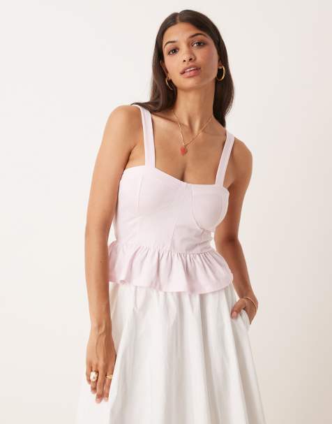 ASOS DESIGN – Oberteil aus Baumwolle in Pastellrosa mit Milchmädchen-Korsettdekolleté und Rüschensaum - view 1