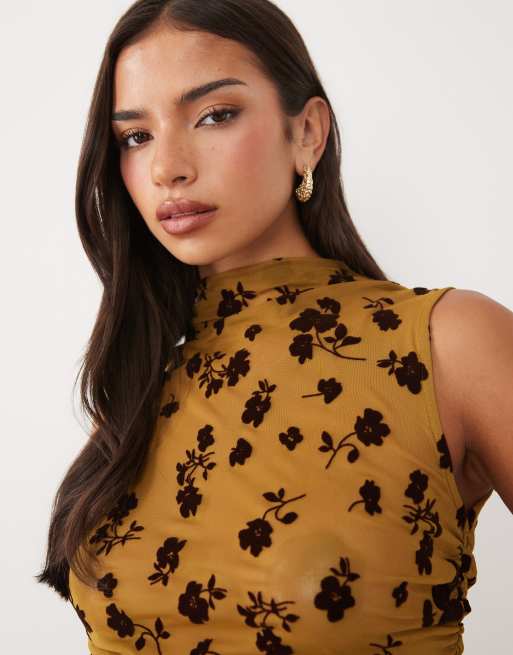 ASOS DESIGN Oberteil aus beflocktem Mesh mit Raffungen an der Seite und hohem Kragen, Kombiteil, 3 von 4