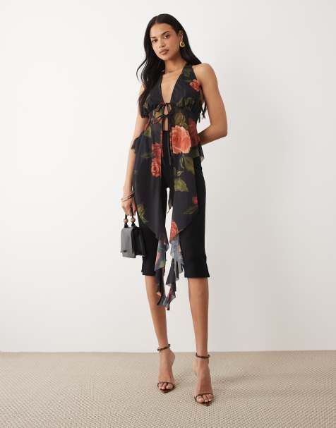 ASOS DESIGN – Oberteil aus elastischem Chiffon mit Rüschen und Rosenmuster - view 1
