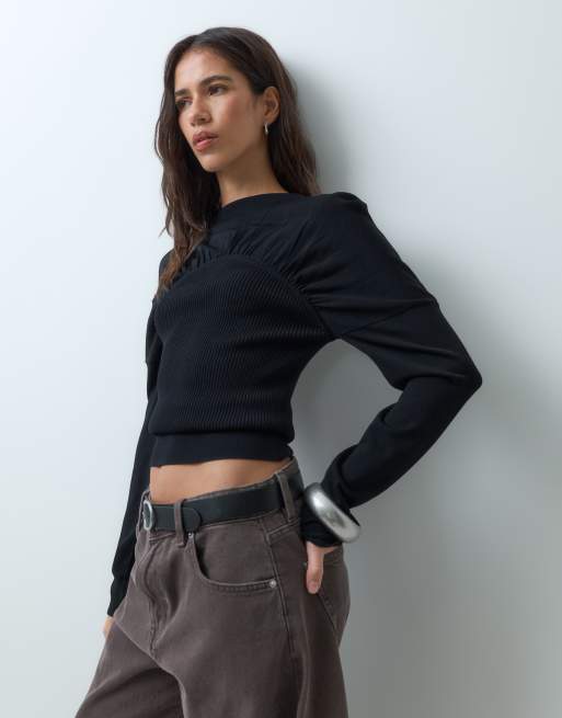 ASOS DESIGN Oberteil aus Feinstrick mit Raffung und langen Ärmeln in Schwarz, 4 von 5