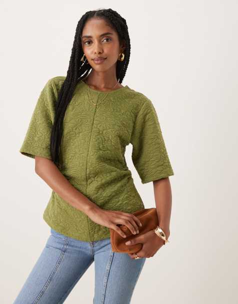 ASOS DESIGN – Oberteil aus floralem Jacquard in Olivgrün mit geraffter Taille - view 1