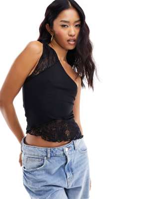 ASOS DESIGN - Oberteil aus gespleißter Spitze in Schwarz mit Raffungen