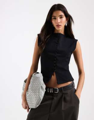 ASOS DESIGN - Oberteil aus kompakter Baumwolle in Schwarz mit angesetzten Ärmeln und durchgehender Knopfleiste