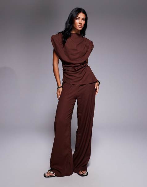 ASOS DESIGN – Oberteil aus Leinen in Braun mit Schulterpolstern und Drapierung, Kombiteil - view 1