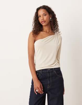 ASOS DESIGN - Oberteil aus Modal in Creme mit verdrehtem One-Shoulder-Design und einem langen Ärmel-Weiß