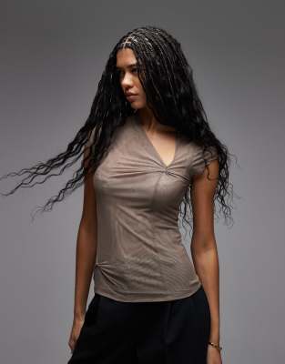 ASOS DESIGN - Oberteil aus Netzstoff in Braun mit Knotendetail und Kappärmeln-Neutral