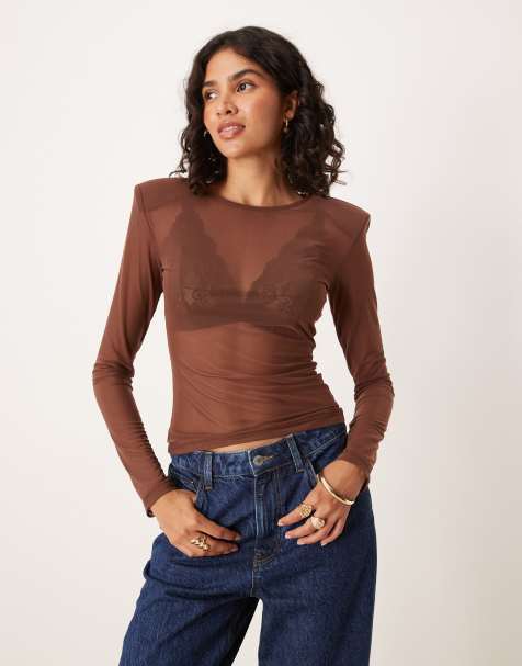 ASOS DESIGN – Oberteil aus Netzstoff in Braun mit Schulterpolstern - view 1