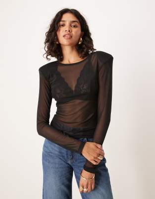 ASOS DESIGN - Oberteil aus Netzstoff in Braun mit Schulterpolstern-Schwarz