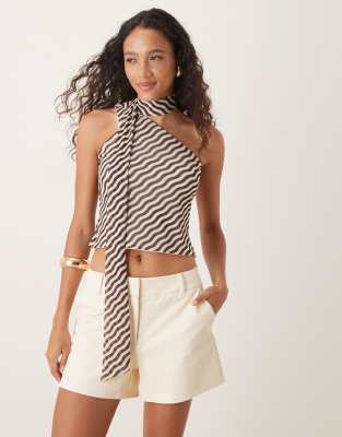 ASOS DESIGN - Oberteil aus Netzstoff in braun und weiß gestreift mit One-Shoulder-Schaldetail-Bunt