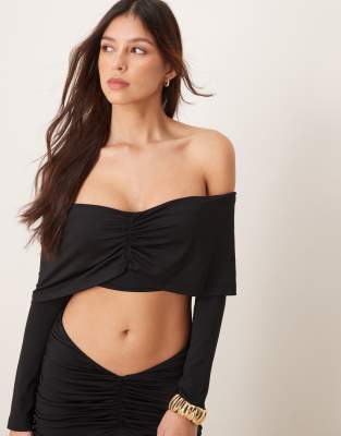 ASOS DESIGN - Oberteil aus Netzstoff in Schwarz mit geraffter Vorderseite und Carmen-Ausschnitt, Kombiteil