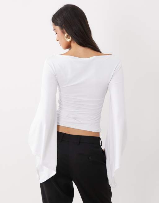 ASOS DESIGN Oberteil aus Polyamid mit Drapierung und langen Ärmeln in Ecru, 4 von 4