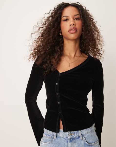 ASOS DESIGN – Oberteil aus Samt-Cord in Schwarz mit asymmetrischer Knopfleiste - view 1