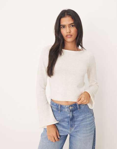 ASOS DESIGN – Oberteil aus Strick in Creme mit lockerer Passform und U-Boot-Ausschnitt - view 1