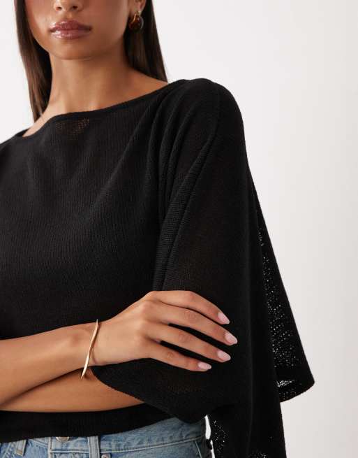 ASOS DESIGN Oberteil aus strukturiertem Strick mit Cape-Ärmeln in Schwarz, 3 von 4