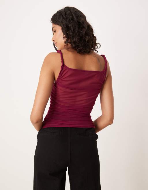 ASOS DESIGN – Oberteil aus transparentem Netzstoff in Feige mit seitlicher Raffung und verdrehtem Träger, 4 von 4