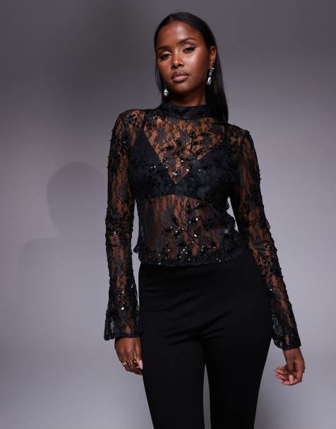ASOS DESIGN – Oberteil aus zarter Spitze in Schwarz mit ausgestellten Ärmeln, Cut-out am Rücken und Paillettenverzierungen - view 1
