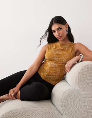 ASOS DESIGN - Oberteil in Bernstein mit glitzerndem Ausbrennermuster und Wasserfallausschnitt-Kupfer