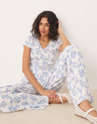 ASOS DESIGN - Oberteil in Blau mit Blumenmuster und Waffelstruktur, Kombiteil-Bunt