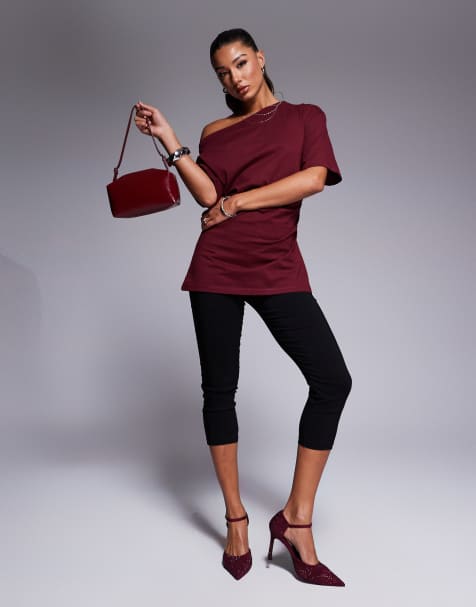 ASOS DESIGN – Oberteil in Burgunderrot mit Raffung, weitem Ausschnitt und One-Shoulder-Träger - view 1