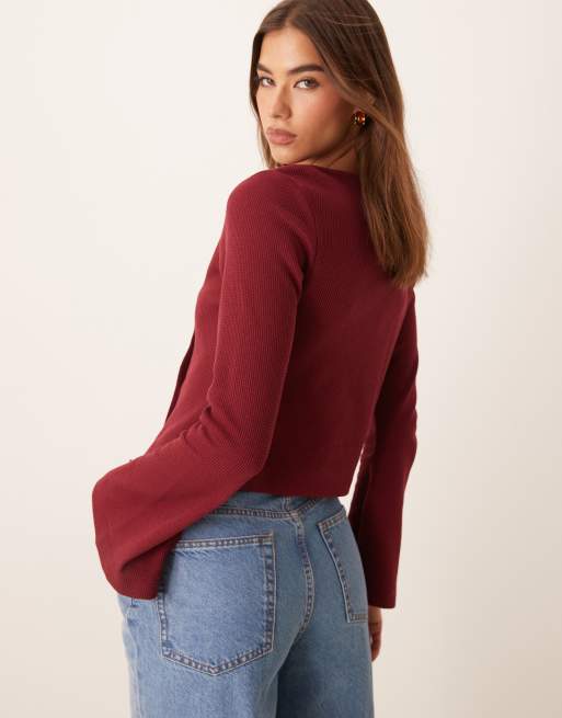 ASOS DESIGN – Oberteil in Burgunderrot mit Waffelstruktur und asymmetrischer Knopfleiste, 4 von 4