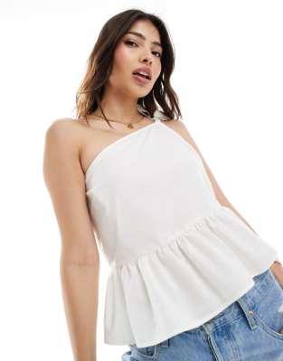 ASOS DESIGN - Oberteil in Elfenbein aus Funktionsmaterial mit One-Shoulder-Träger zum Binden-Weiß