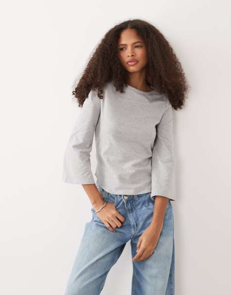 ASOS DESIGN – Oberteil in Grau mit U-Boot-Ausschnitt und Dreiviertelärmeln - view 1