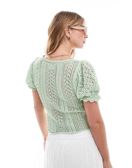 ASOS DESIGN – Oberteil in Grün mit Schnürung, Ziernähten und Puffärmeln, 3 von 4