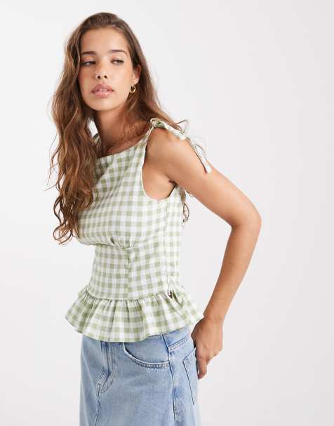 ASOS DESIGN – Oberteil in Mintgrün mit Vichy-Karos und Binde-Trägern - view 1