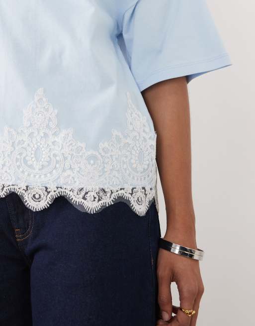 ASOS DESIGN – Oberteil in Pastellblau mit abfallender Schulterpartie und Spitzenbesatz, 3 von 4