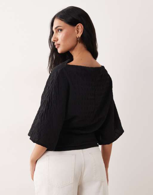 ASOS DESIGN – Oberteil in Schwarz mit abfallender Schulterpartie und geraffter Taille, 3 von 4