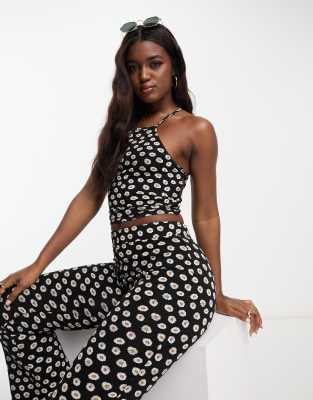 ASOS DESIGN - Oberteil in Schwarz mit Gänseblümchen bedruckt und Schnürung hinten, Kombiteil-Bunt