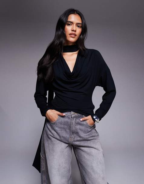 ASOS DESIGN – Oberteil in Schwarz mit Schaldetail, Wasserfallausschnitt und Fledermausärmeln - view 1