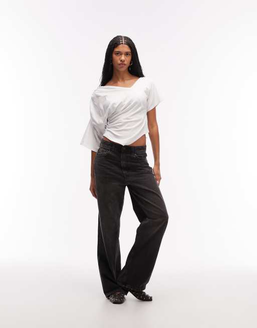 ASOS DESIGN – Oberteil in Weiß mit abfallender Schulterpartie und geraffter Taille, 4 von 4