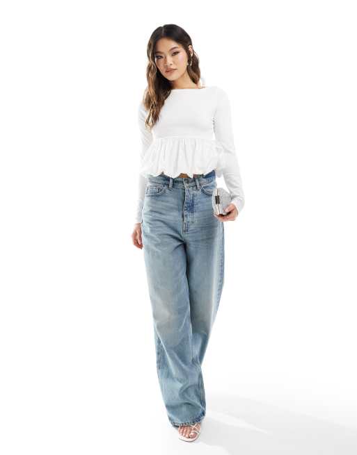ASOS DESIGN – Oberteil in Weiß mit U-Boot-Ausschnitt und Ballonsaum aus Popeline, 2 von 4