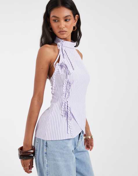 ASOS DESIGN Oberteil mit Bindeband an der Seite, hohem Kragen und Streifen in Lila - view 1