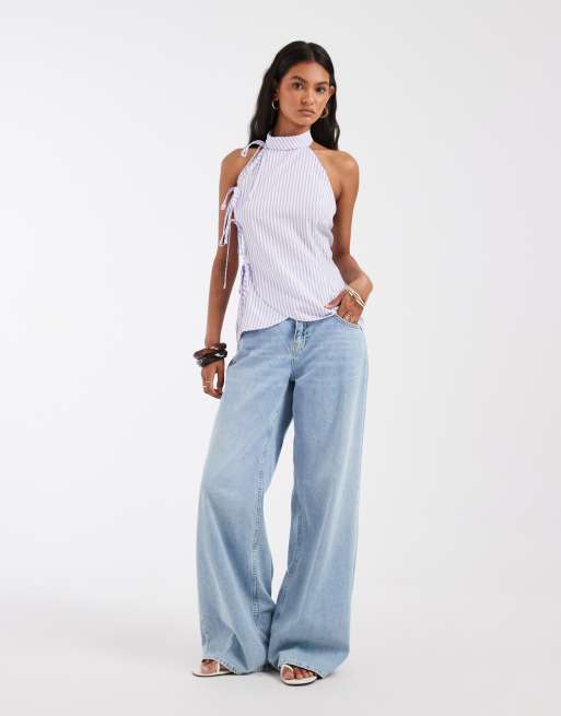 ASOS DESIGN Oberteil mit Bindeband an der Seite, hohem Kragen und Streifen in Lila, 2 von 4