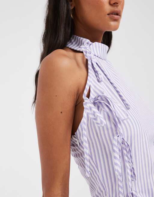 ASOS DESIGN Oberteil mit Bindeband an der Seite, hohem Kragen und Streifen in Lila, 4 von 4