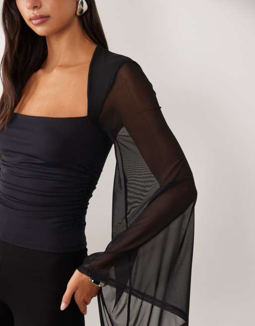 ASOS DESIGN Oberteil mit eckigem Ausschnitt und Mesh-Ärmeln in Schwarz, 3 von 4