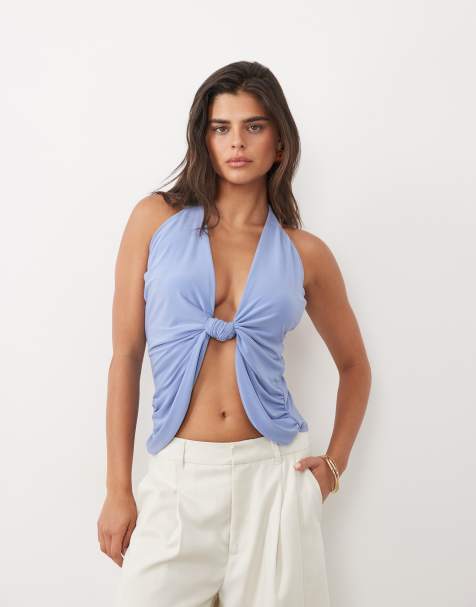 ASOS DESIGN Oberteil mit Knoten, tiefem Ausschnitt und Drapierung mit schmalen Trägern in Blau - view 1
