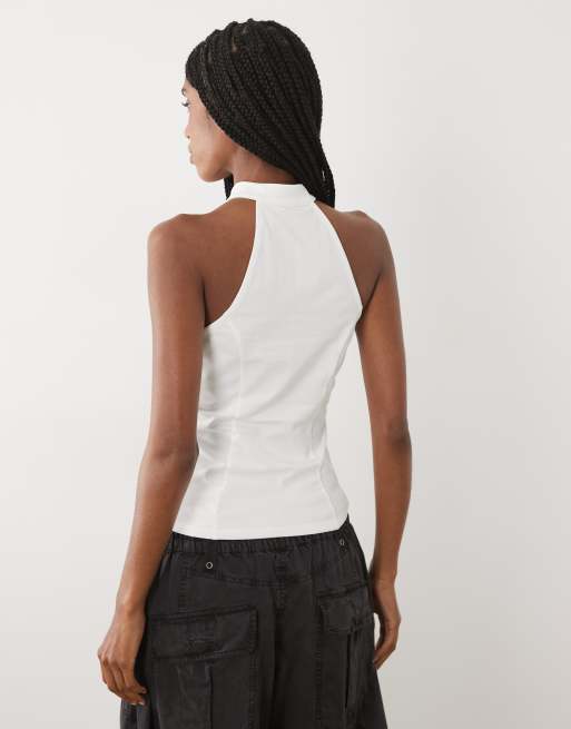 ASOS DESIGN Oberteil mit Stehkragen und Schlüssellochausschnitt in Weiß, 4 von 4