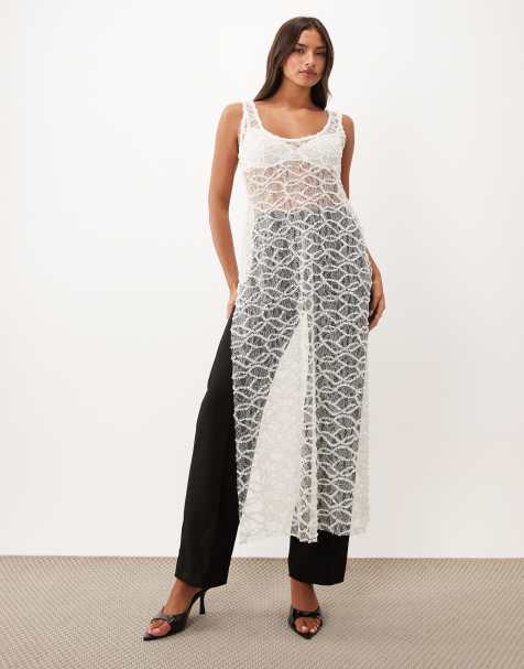 ASOS DESIGN Oberteil mit U-Boot-Ausschnitt und langen Pailletten in Weiß - view 1