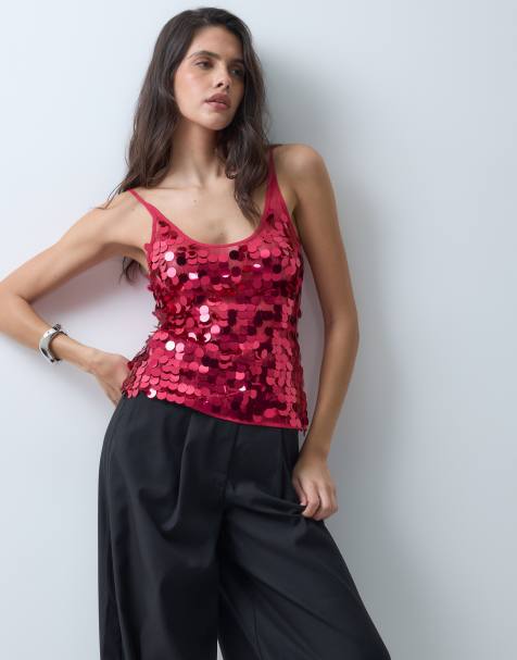 ASOS DESIGN Oberteil mit verstreuten Pailletten in Scheibenform, U-Ausschnitt, ärmellos, in Rosa - view 1